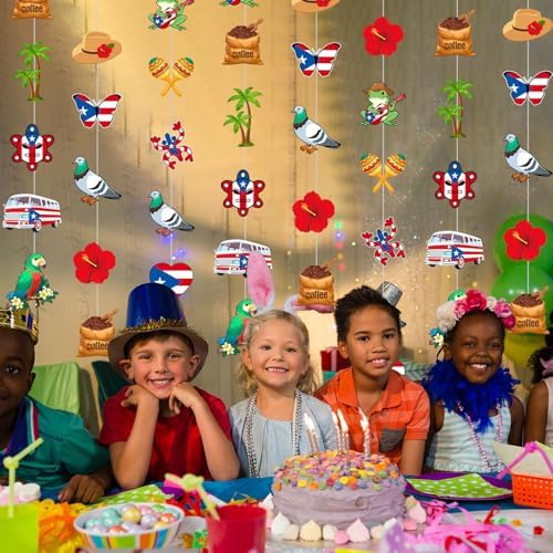 Spakon 8 Pcs Puerto Rico Garlands Puerto Rican Party Hanging Decorations Hibiscus Garlands Banners Frog Paper Cutouts for Birthday Festivals Party Ceiling Wall Decor