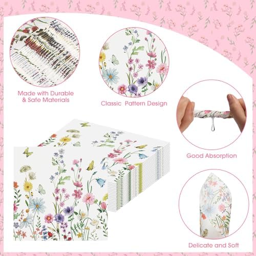 40 Pcs Spring Floral Napkins 13 x 13 Inches - Wildflower Butterfly Party Napkin, 3-Ply Flower Cocktail Disposable Paper Napkins Hand Towles Set for Easter Birthday Weeding Tea Party Supplies Decor