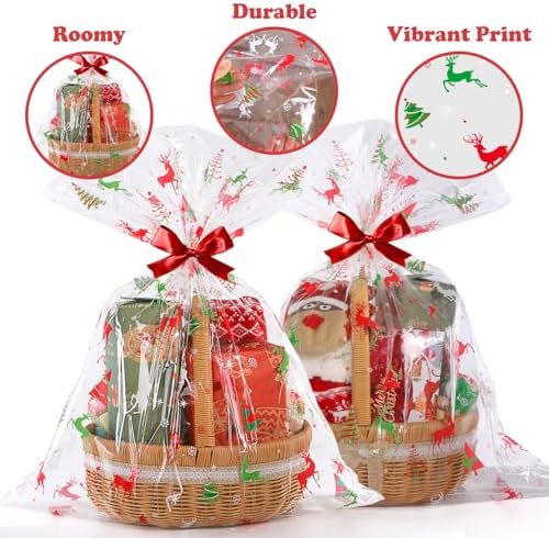 CUDICY Christmas Cellophane Gift Bags 10pcs Large Holiday Gift Wrap 24x30 Inch Clear Gift Basket Wrapping Plastic (Reindeer)