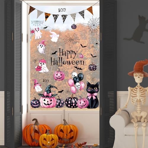 Whaline 6 Sheets Happy Halloween Window Clings Pink-Black Boo Ghost Pumpkin Spider Web Cat Reusable Window Decals for Home Classroom Office Glass Decor Party Supplies