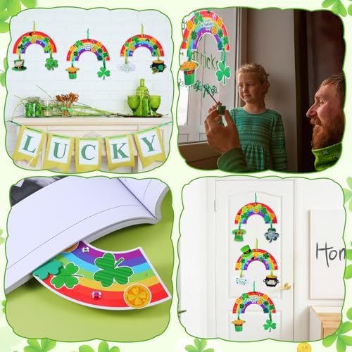 Funrous 48 Sets Crafts Kit Paper Crafts DIY Make Your Own Hanging Ornaments with Pompoms Diamond Stickers for Holiday Classroom Activities Party Favors, St. Patrick's Rainbow