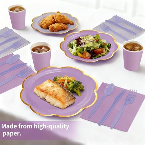 168Pcs Purple Paper Plates and Napkins Party Supplies for 24 Guests