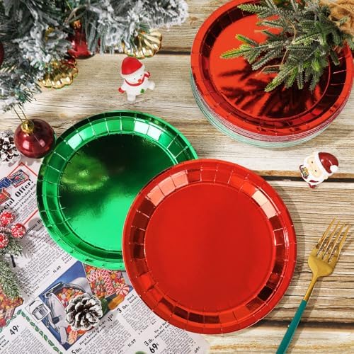 Whaline Christmas Dessert Plate Foil Red Green Disposable Paper Plate Metallic Dinnerware Plates 9 Inch for Xmas Winter Party Supplies Table Decor, 40 Pcs