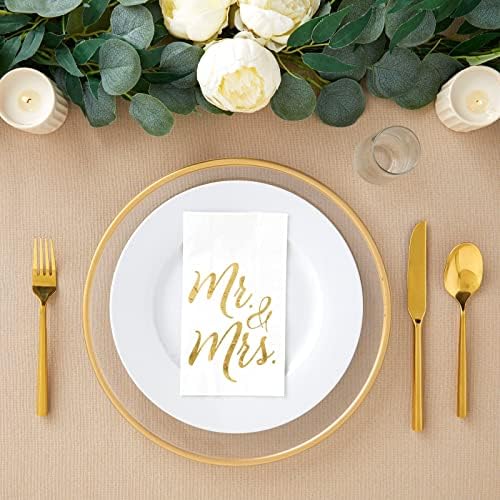 Juvale Wedding Napkins Mr & Mrs - 4 x 8 In, 3-Ply White & Gold, 50 Count - Disposable Bridal Shower & Reception Beverage Napkins