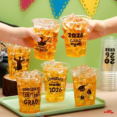 JOYIN 24 Pcs 16OZ Graduation Plastic Party Cups, Black Class of 2026 Decorations, Personalized Graduation Cups for College High School Grad Party Favors Supplies