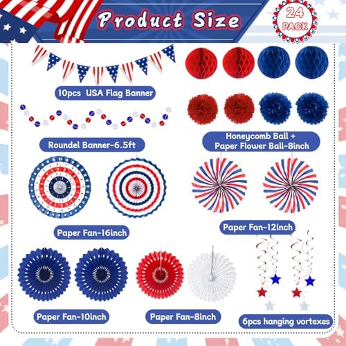 24 Pcs Patriotic 4th of July Decorations Kit, Paper Fans Pom Poms 8-16 in