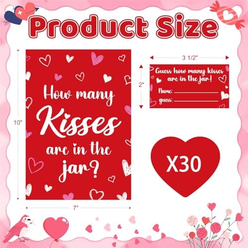 COCHIE 30 Players Valentines Game for Family Office Large Groups Party Adults, Valentine's Day Guess How Many Kisses are in The Jar Games Classroom Activities with Guess Cards (Kiss)