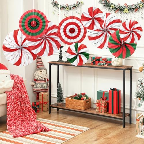 9 Pcs Christmas Party Decorations, Red and Green Hanging Candy Paper Fans Candy Cane Wall Ceiling Decor for Xmas Party, Classroom, Office, Birthday