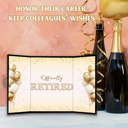 Black Gold Retirement Party Decoration - Officially Retired Guest Book - Alternative Signature Book for Women Men - Golden Signing Card Board-Retirement Gifts For Farewell Party Supplies & Favors-A04