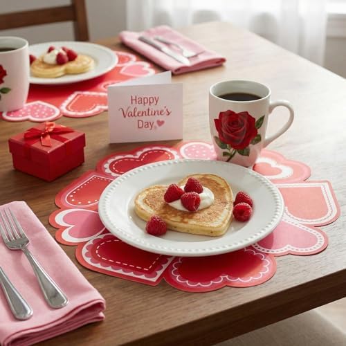 50 Pcs Valentines Round Red Heart Place Mats Pink Disposable Paper Table Mats Bulk Seasonal Valentine Decor for Valentines Anniversary Marriage Proposals Home Party Dining, 12.9 Inch