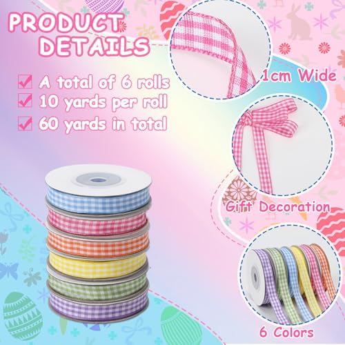 DECYOOL Gingham Ribbon 6 Rolls 60 Yards Spring Plaid Ribbon for Gift Crafts