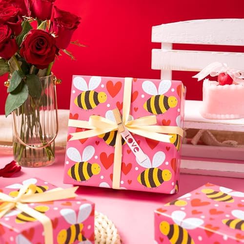 WRAPAHOLIC Valentines Day Wrapping Paper Roll - 17 Inch x 16.5 Feet - Sweet Hearts and Bee Wrapping Paper Perfect for Valentine's Day, Wedding, Anniversary, Birthday