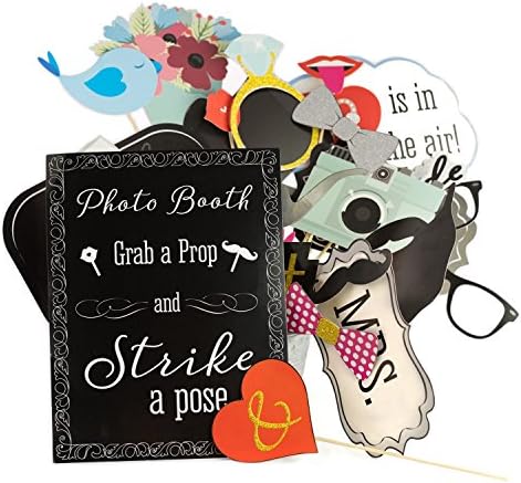 Wedding Photo Booth Props with 8 x 10-Inch Sign, 45 Adhesive Pads, 35 Wooden Sticks - Signs for Wedding Backdrop and Selfie Station