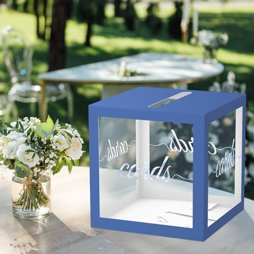 QISOLIY Navy Blue Clear Laser Silver Card Box 8.7" Wedding Card Boxes for Reception Holder Money Box for Graduations, Baby Showers, Birthdays, Weddings, Retirements, Open Houses, Anniversaries