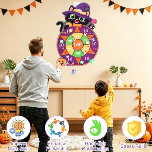 CCINEE Halloween Party Games for Kids, Cute Cat Dart Board Game with Sticky Balls for Adult Halloween Indoor Outdoor Party Games Family Gathering Toss Play Toys Birthday Gifts