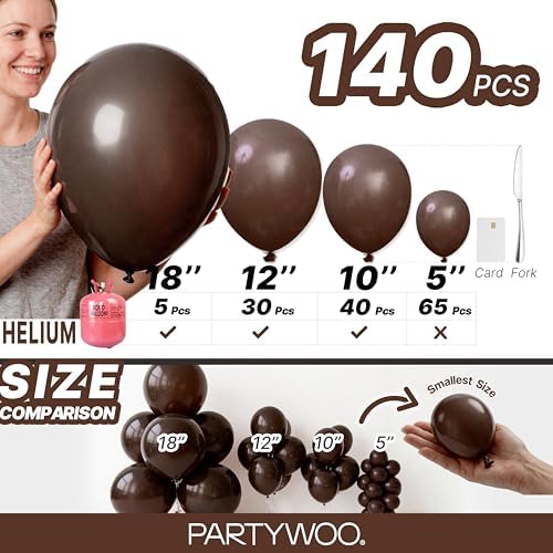 PartyWoo Dark Brown Balloons 140pcs Boho Coffee Neutral Different Sizes
