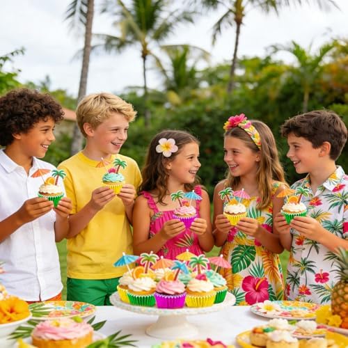 Whaline 150Pcs Hawaiian Foil Cupcake Liners Baking Cups Green Rose Red Yellow Foil Metallic Cupcake Wrappers Muffin Liners for Summer Tropical Luau Party Supplies