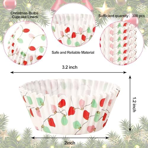 Whaline 300Pcs Christmas Bulb Paper Baking Cups Colorful Xmas Bulbs Cupcake Muffin Liners 2 x 1.2 Inch Winter Holiday Cake Candy Cup Paper Wrappers for Xmas Wedding Birthday Baby Shower Party