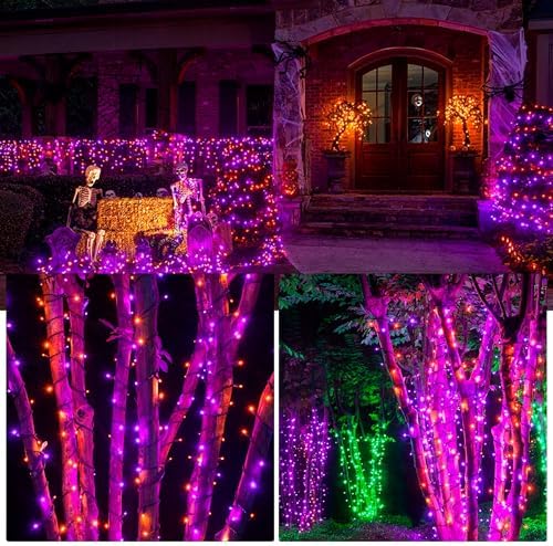 FUNPENY 164FT 500 LED Halloween Lights, 8 Modes Waterproof Plug in String Lights for Halloween Indoor Outdoor Yard Party Wedding Garden Home Decorations (Purple & Orange)