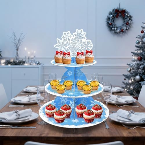 Gistome 3-Tier Snowflake Cupcake Stand – Winter Wonderland Dessert Display Holder for Christmas Party Table, Frozen-Themed Birthdays, and Holiday Decorations