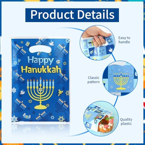 vueuKiGE Hanukkah Gift Bags, 50 PCS Hanukkah Treat Bags with Handles, 7x9.8 Inch Plastic Chanukah Gift Goodie Candy Cookie Bag Jewish Themed Party Favor Bag for Hanukkahs Party Decorations Supplies