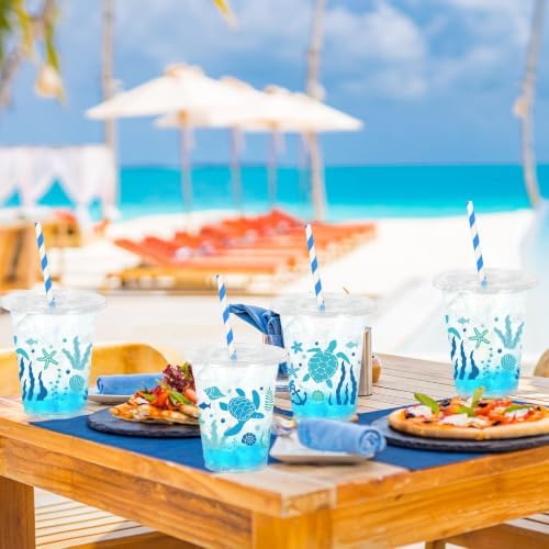 Whaline 50Pcs Summer Ocean Plastic Cups Disposable Cups with Lids Straws 12oz Blue Seaweed Starfish Turtle Clear Plastic Cup for Summer Ocean Party Supplies
