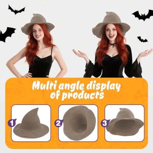 Women Witch Hat for Halloween Wool Hats Wide Brim Spire Knitted Cap for Party Masquerade Cosplay Costume Daily