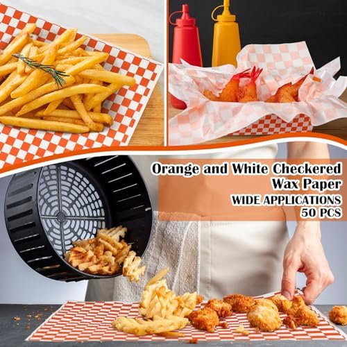 Geosar 100 Pcs Gingham Paper Food Tray with Wax Paper,Orange White