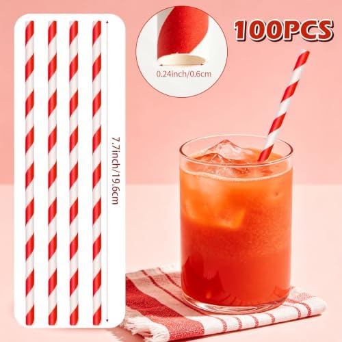 100 Packs Red Biodegradable Striped Paper Straws, Red and White Disposable Drinking Straws for Birthday Carnival Summer Pool Party Wedding Halloween Christmas Party Decoration Supplies