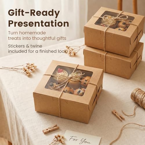 OAMCEG 6x6x3Inch Cupcake Boxes with Window,50 Pcs Cookie Bakery Boxes,Brown