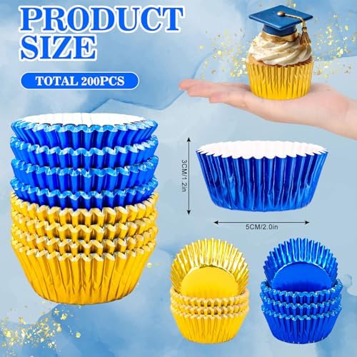 JarThenaAMCS 200Pcs Graduation Foil Cupcake Liners Baking Cups Gold Blue 2026 Congrats Grad Foil Metallic Cupcake Wrappers Muffin Liners for College High School Party Supplies Table Decor