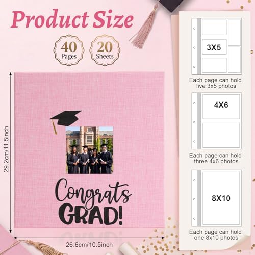 Fumete Pink Class of 2026 Graduation Album Self Adhesive Photo Scrapbook 40 Pages 11.5 x 10.5 Inch Linen Memory Book with Cover Display Window DIY Album for School College Graduate Party Gift