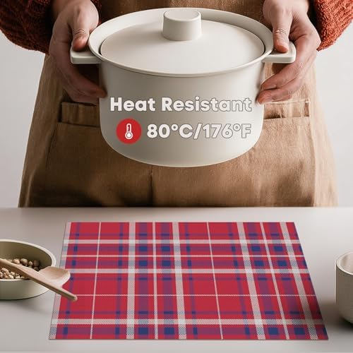Artoid Mode Red Striped Check Memorial Day Vinyl Placemats Set of 4,Heat Resistant Non-Slip Woven Plastic PVC Place Mats for Party Kitchen Dining Decor