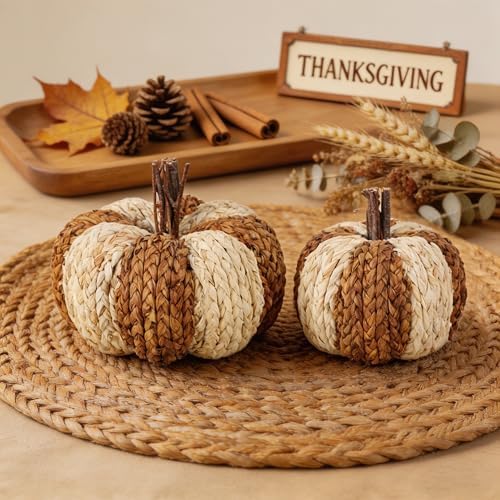 winemana Wicker Rattan Pumpkins Neutral Fall Decor for Table Centerpiece