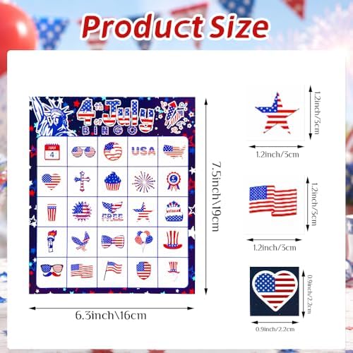 4th of July Bingo Game Cards, 24 Players Patriotic Bingo Cards, Fourth of July Bingos Game for Adults Outdoor Family Friends Student Large Group Activities Independence Day Party Favors Supplies
