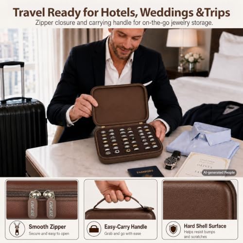 GWCASE Ring Organizer Box 42-Slot Hard Shell Case Holds 50+ Pieces, Coffee