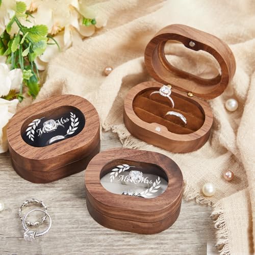 Roycraft Mr & Mrs Wedding Ring Box Oval Transparent Lid Wooden Ring Box with 2 Slots for Engagement Wedding Anniversary (Brown Inner)