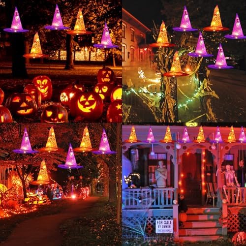 FUNPENY 2 Pack Halloween Decoration Lights, 8 PCS Waterproof Hanging Witch Hat with String Lights with Remote, Hanging Halloween Decorations for Indoor Outdoor Garden Yard Party Decor