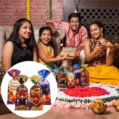 Yexiya 100 Pcs Diwali Halloween Cellophane Treat Bags with Ties