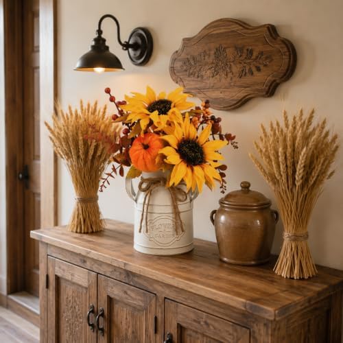 Fall Thanksgiving Centerpieces for Dinner Tables, Faux Floral Metal Potted Plants with Maple Leaf Pumpkin Berry Stems, for Indoor Kitchen Home Autumn Farmhouse Mantel Decor