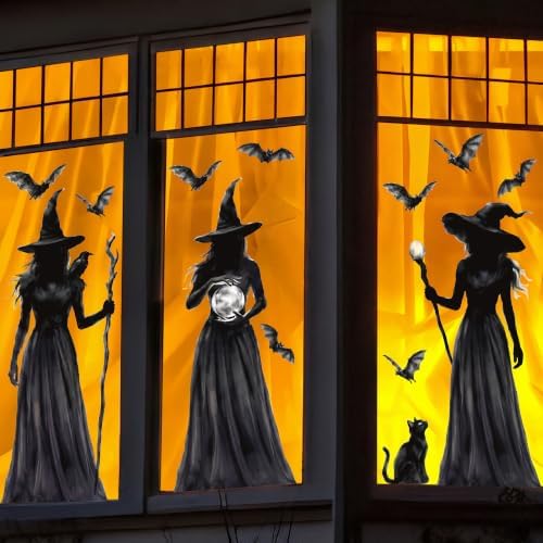 Halloween Decorations Window Clings, 3 Large Witch Window Decals Double Sided Window Clings, Spooky Witch Black Cat Bats Gothic Decor for Glass Windows, Holiday Party Home Indoor Decoration, 3 Sheets