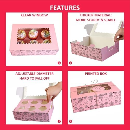 Cupcake Boxes with Insert trays (Pack of 20), Pink Cupcake Carrier, Food Grade Bakery Boxes with Windows and Inserts to Fit 6 Cupcakes Muffins or Pastries