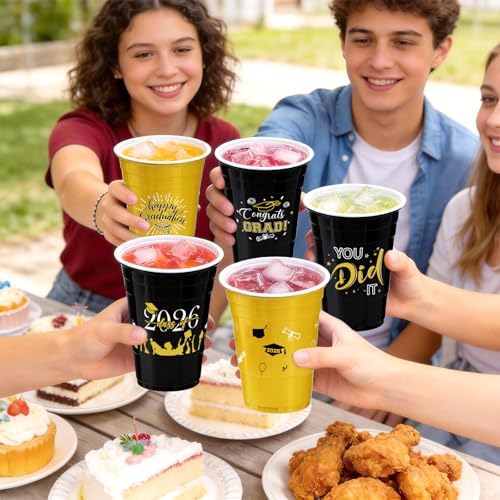 Graduation Decorations 2026 Party Cups - 50pcs 16 Oz Gold and Black Disposable Graduation Plastic Cups for School Class of 2026 Grad Celebration Party Favors Supplies (5 Designs)