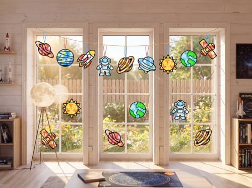 Renbuzhu 48PCS Solar System Space Paper Suncatchers DIY Project Kits, Back to School Window Stained Glass Effect Art Supplies for Party