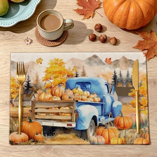 Fall Placemats Set of 4, 12x18 inch - Harvest Farm Thanksgiving Table Decor