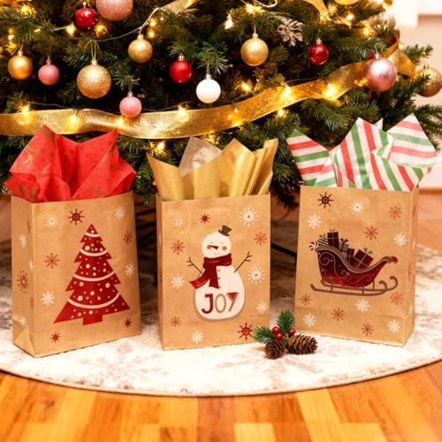 Bobobag 150 Sheets Christmas Tissue paper for Gift bags,20 x14“ Wrapping paper for Holiday decorations, 8 Festive Designs with Snowflakes, Reindeer & Gold Merry Christmas Motifs