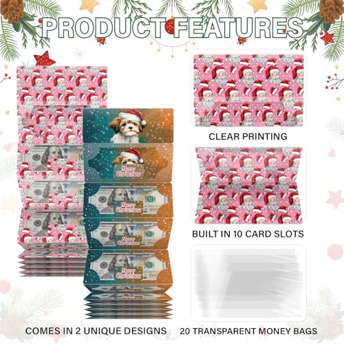 ysmile Christmas Cash Gift Envelope 11 Slot Xmas Holiday Money Holder with Greenting Card for Surprise - Santa Dog