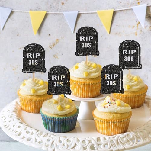 Ercadio 24Pcs Glitter Black Rip 30s Cupcake Topper Tombstone Cupcake Picks for Funeral 40th Birthday Anniversary Cupcake Decorations Rip to My Youth Emo Party Decorations