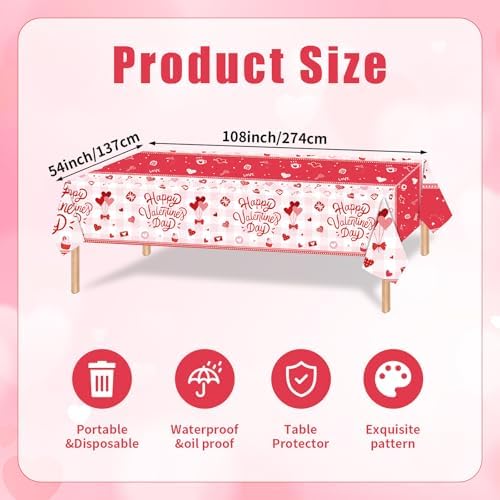 3-Piece 54 x 108 Inch Valentine’s Day Plastic Tablecloth – Red and White Disposable Rectangle Table Covers for Romantic Dinners, Parties, and Celebrations