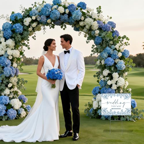 3 Pack 17''×12.5'' Wedding This Way Signs Double Sided Printed Wedding Directional Parking Sign with Stakes for Ceremony Reception Lawn Yard Arrow Signs Plastic Rainproof Party Supplies,Blue Floral